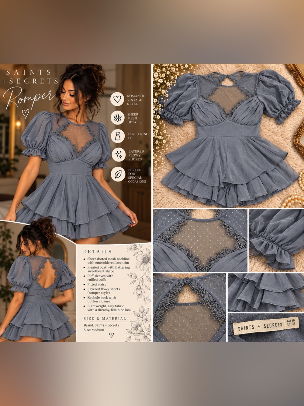 Saints + Secrets Blue Puff-Sleeve Layered Mini Dress